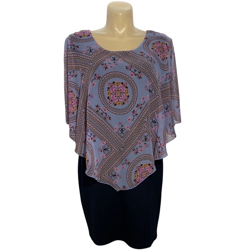 Enfocus Women 20W Dress Navy Blue Multicolor Chiffon Shawl Top Hi Low Cute‎